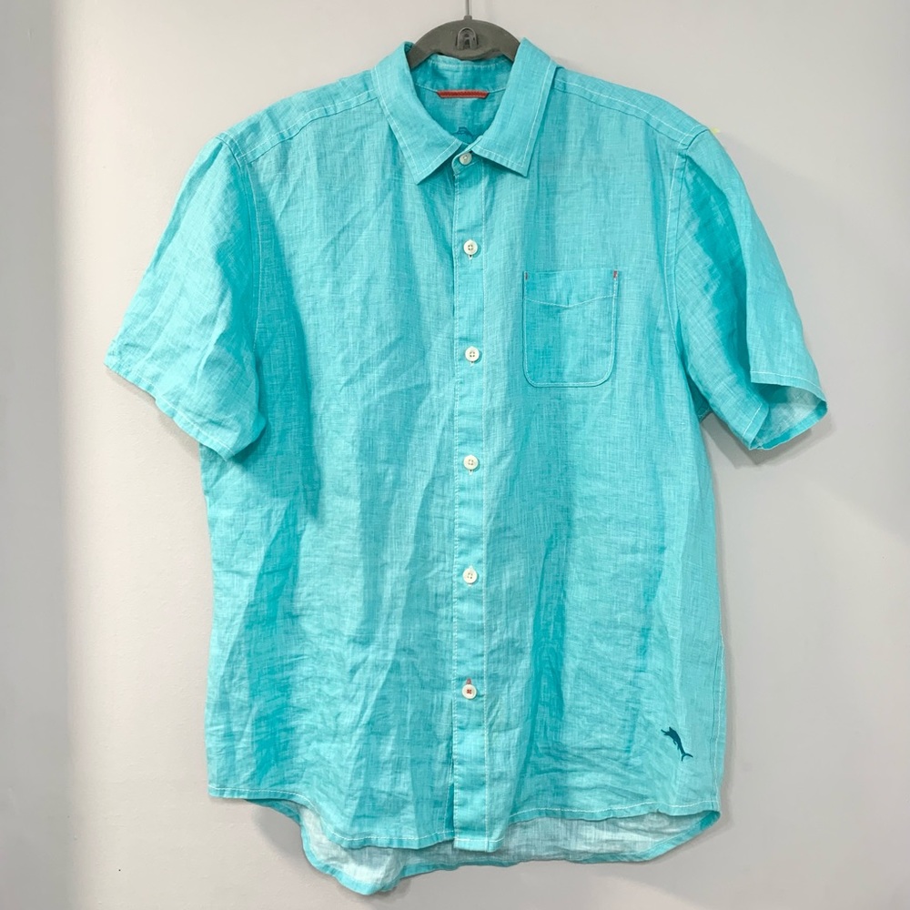 Mens Tommy Bahama Relax Blue Hawaiian Button Down Shirt Size Large 100% Linen